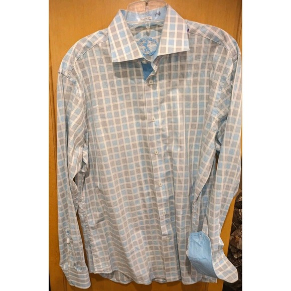 Bugatchi Mens‎ Shaped Fit Blue White Plaid Check Print Shirt Flip Cuff - Large - Picture 1 of 5